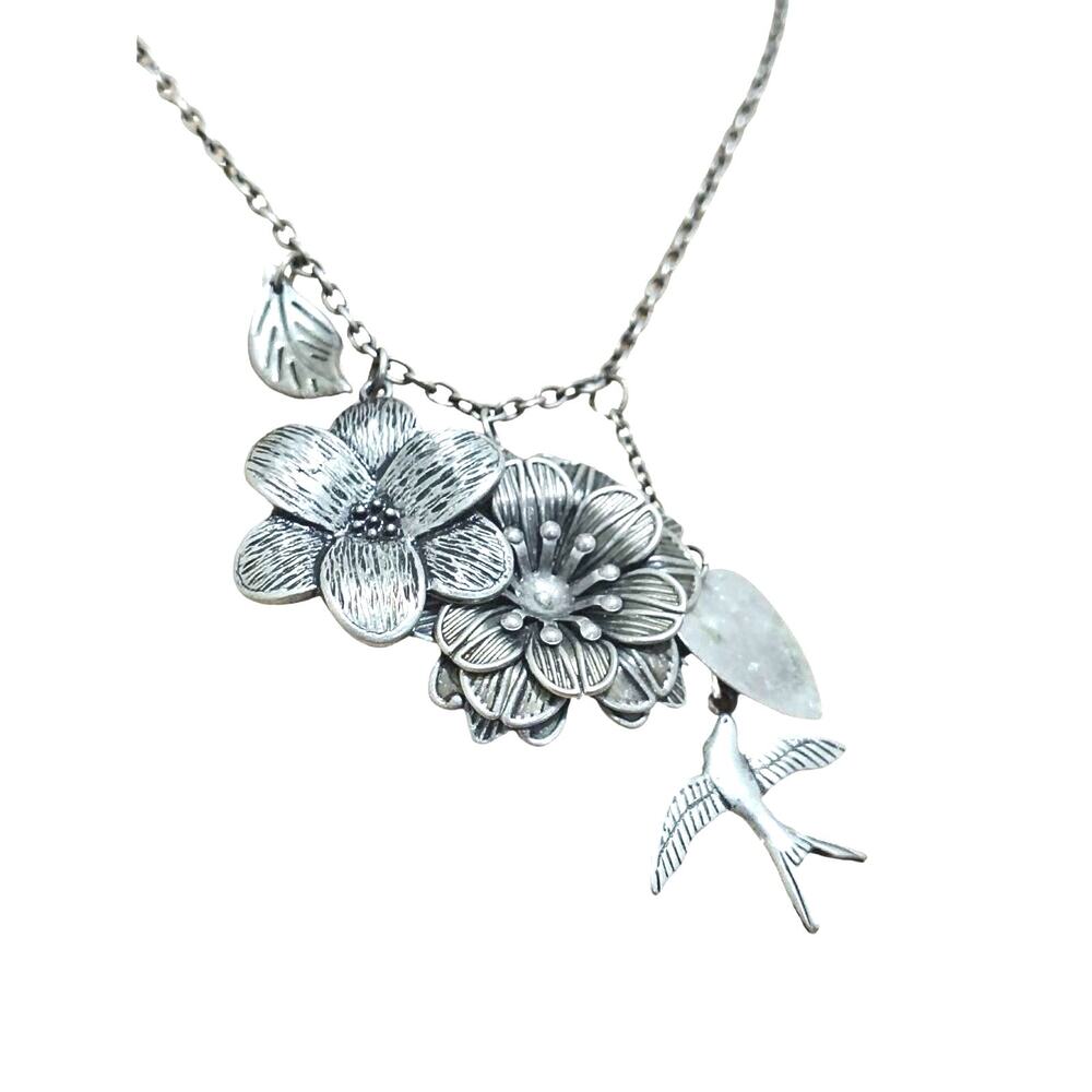 90s Silver Charm Necklace Flower Bird Heart Dangling Necklace Chain Link 19 Inch